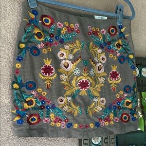 Umgee Women's Floral Embroidered Mini Skirt - Army Green Linen Type Size Small